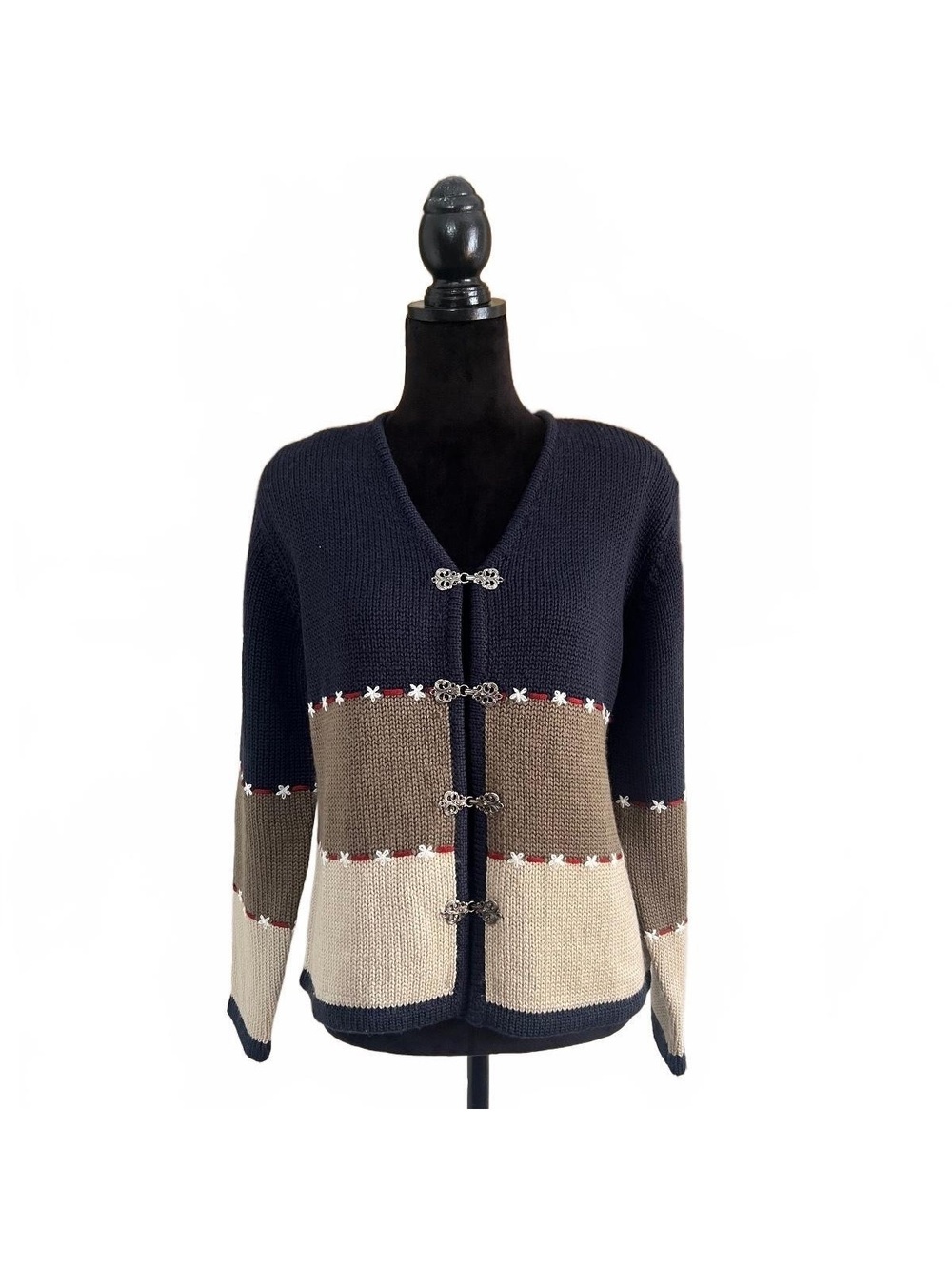 Vintage 90’s Wool Hand Embroidered Colorblock Cardigan Blue Brown Cottage Knit